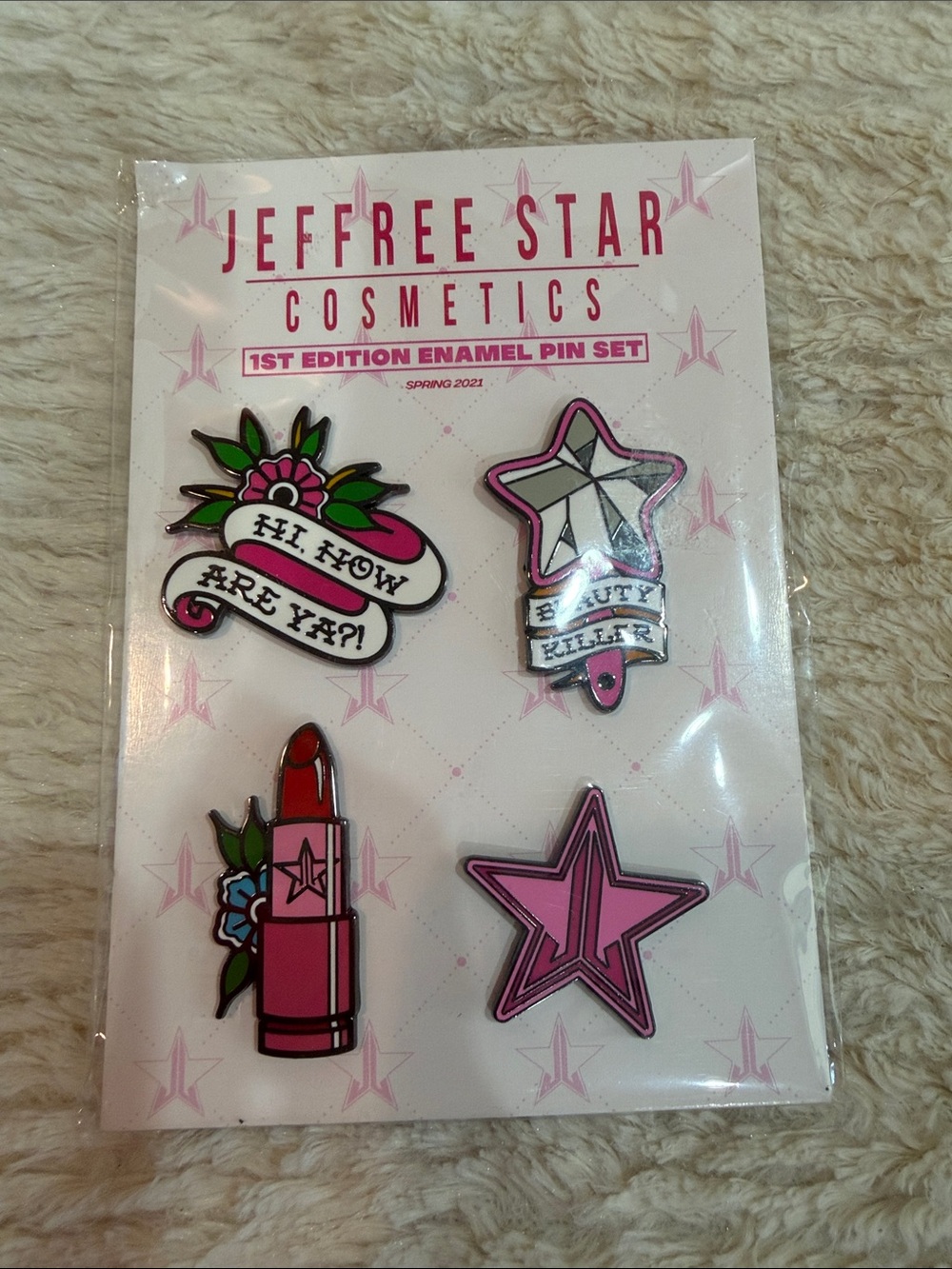 Jeffree Star Pink & Red Enamel Pin Set - Cosmetic Themed Stars & Lipstick